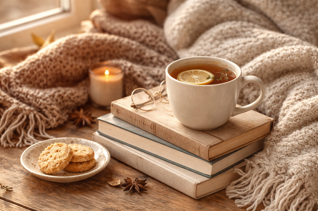té, biscotti, coperta e libri. Relax