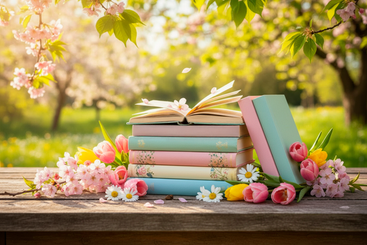 Una pila di libri dai colori pastello su un tavolo di legno all'aperto, circondata da fiori primaverili e petali di ciliegio che cadono. Sullo sfondo, un giardino luminoso e fiorito sotto la luce del sole.